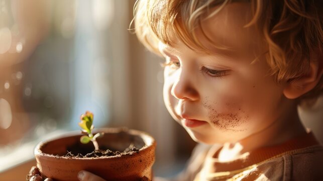 Sandy-Haired Boy Planting Seed with Care in Classroom Garden