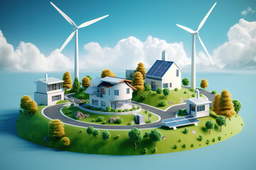 3D Illustration of Wind Power Roof Photovoltaic Green Town - obrazy, fototapety, plakaty