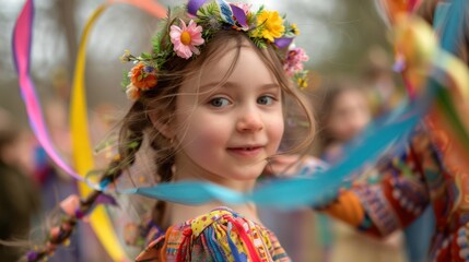 Magical Spring Festival: Young Girl Dancing with Flower Crown in Candid Shot of Joyful Connection...