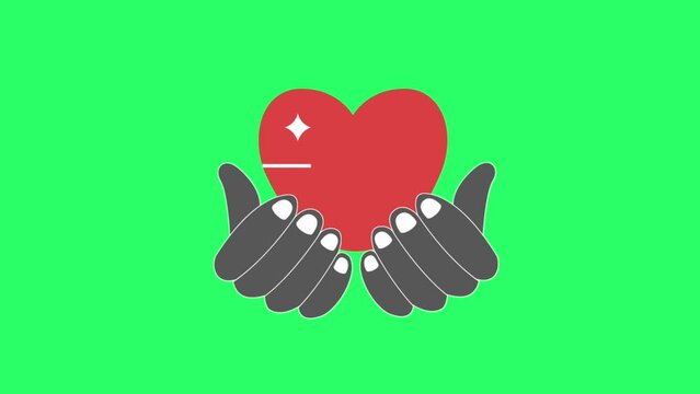 Animation red heart on hand on green background.