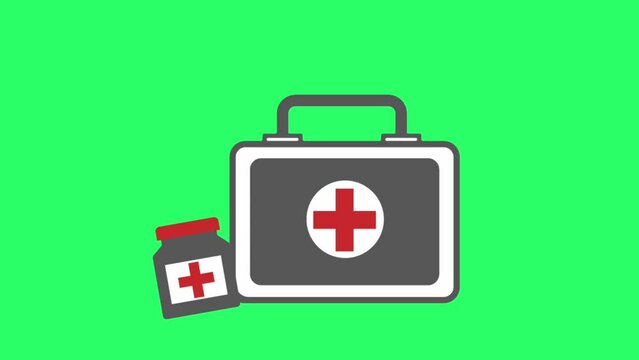 Animation first aid kit on green background.