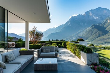 Modern house terrace with mountain view