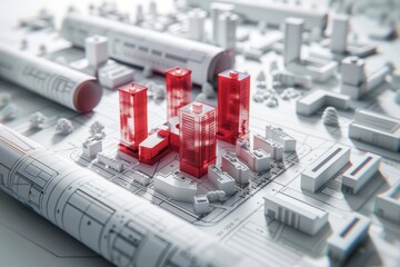 Architectural design plan with highlighted buildings