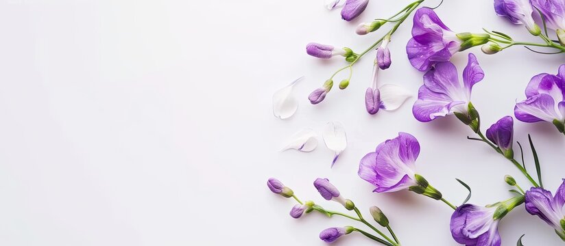 A collection of vibrant purple freesia flowers, blooming against a clean white backdrop. The delicate petals and slender stems create a striking contrast in this macro shot.