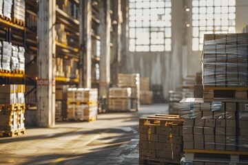 Warehouse interior with pallets of boxed goods.