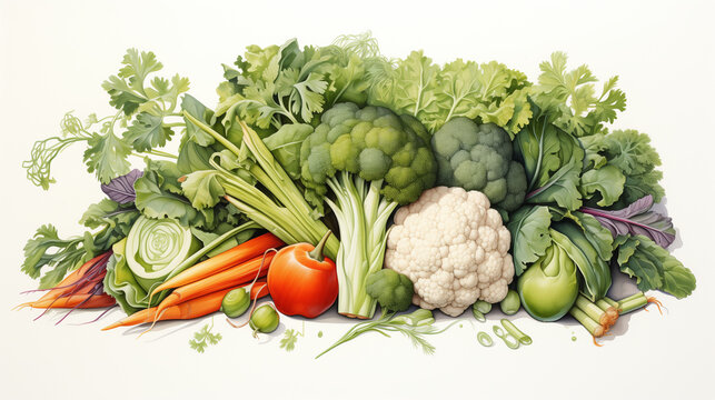 A vibrant watercolor of leafy greens and cruciferous vegetables, including kale, cauliflower, and broccoli, representing health and nutrition.
