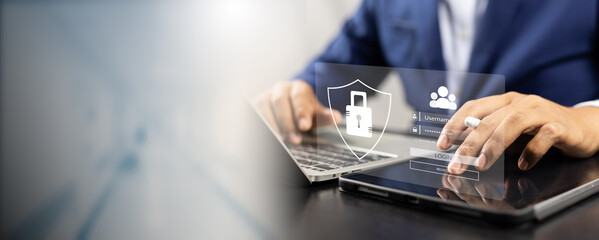 Cybersecurity and privacy concepts, User interacting with a secure login interface adorned with a screen padlock. Internet network security technology. Encryption secure, Data protection.