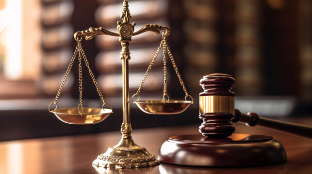 Law concept of judiciary with gavel and scales of justice in the court hall