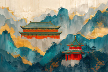 Green Stone and Pine Mountain Traditional Chinese Architecture Scenery Illustration