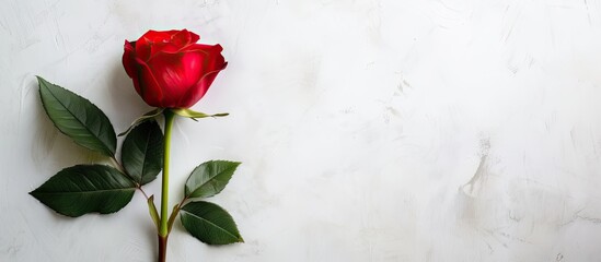 A stunning red rosebud with a fragrant leaf stands out against a plain white background. The simplicity of the scene allows the beauty of the rose to take center stage.