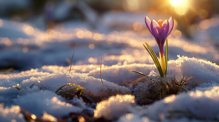Spring Crocus Blooms Through Snowmelt, Golden Sunlight, Early Spring Awakening Morning mountains