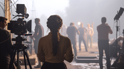 Back view of a young woman director on a film set