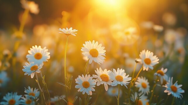 Chamomile flowers field wide background in sun light. Summer Daisies. Beautiful nature scene