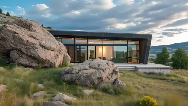 From the outside this home appears to be a natural extension of the boulder its built into with a sleek minimalist design that complements the rugged landscape.