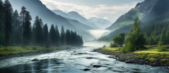 A river meanders through a dense, green forest of coniferous trees in the foggy Altai Mountains....