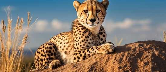 Obraz premium A cheetah, scientifically known as Acinonyx jubatus, sits atop a mound of dirt, gazing directly at the viewer. The sleek and agile predator exudes a sense of power and alertness in its natural habitat