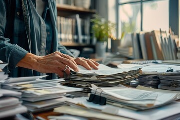 Person organizing documents on desk, paperwork, cluttered office, focus.