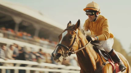 Rolgordijnen Jockey racing horse on track, dynamic motion, competition, equestrian sport. © Archil