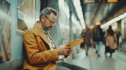 Man on subway with digital tablet, commuter, focused, urban lifestyle.