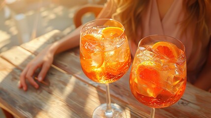 Close up of two aperol spritz drinks on sunny beige background - obrazy, fototapety, plakaty