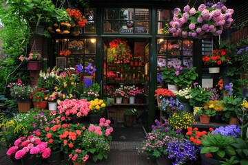 A flower shop, beautiful colorful flowers outdoor.
