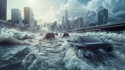 Cars submerged in floodwaters on a city street, with dramatic clouds overhead, capturing the chaos of a natural disaster - obrazy, fototapety, plakaty