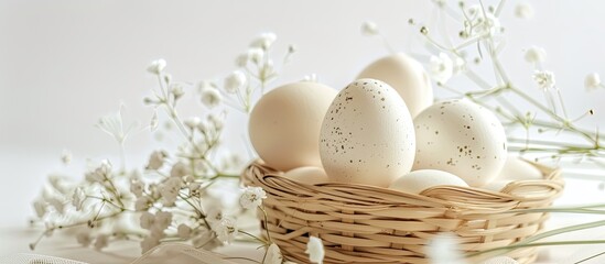 A bamboo basket filled with beautiful white Easter eggs is placed on top of a table. The serene white background highlights the simplicity and charm of the scene.
