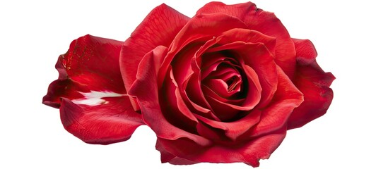 A vibrant red rose stands out against a clean white background. The petals are vivid and exquisite, showcasing the beauty of nature in a simple yet striking composition.