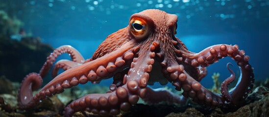 portrait of common octopus with blue sea underwater background - obrazy, fototapety, plakaty