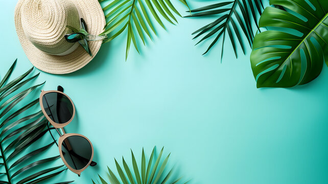 Hat, sunglasses, palm tree leaves on blue background. Blank, top view, still life, flat lay. Sea vacation travel concept tourism and resorts. Summer holidays. Neural network generated image. Not based