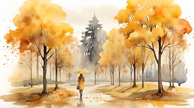 a figure with an umbrella in an autumn yellow park with trees on a white background watercolor paint drawing. generative.ai