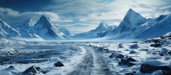 Fototapeta na wymiar Portrait of snowy and frozen mountain road in winter landscape