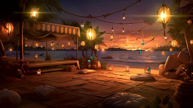 a serene wallpaper with a beachfront campsite adorned with lanterns. seamless looping time-lapse virtual 4k video animation background	