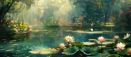 Foto op Canvas The beauty of water lilies in full bloom in a serene pond. The delicate petals and vibrant colors of the lilies are contrasted by the calm waters reflecting the surrounding greenery. © AkuAku