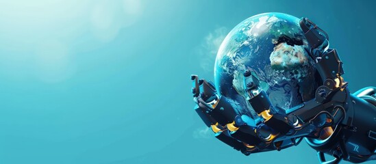 Illustration of a robot with mechanical hands and cybernetic elements holding planet earth. Artificial intelligence concept with modern robotics.