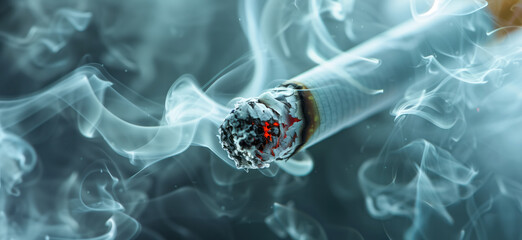 A lit cigarette at the focal point with swirling smoke patterns - obrazy, fototapety, plakaty