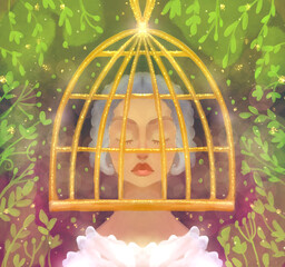 illustration of a woman in a cage. abuse and imprisonment - 749139738