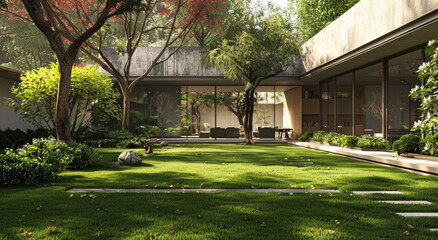 a modern house exterior with many plants 