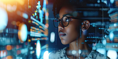 Black woman wear glasses looking thinking futuristic technological network connection on virtual Business innovation technology concept - obrazy, fototapety, plakaty