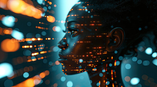 Black woman looking of Code Projected on Face and Reflecting. Software Developer Working on Innovative e-Commerce App using AI, Big Data