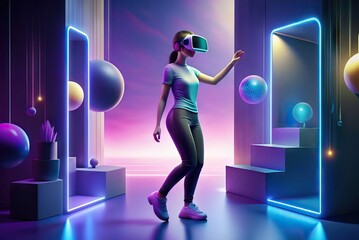Fototapeta na wymiar 3D woman in a virtual reality scenario with various elements. Generative AI
