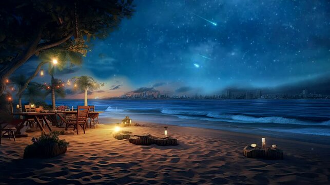 a serene wallpaper with a beachfront campsite adorned with lanterns. seamless looping time-lapse virtual 4k video animation background	
