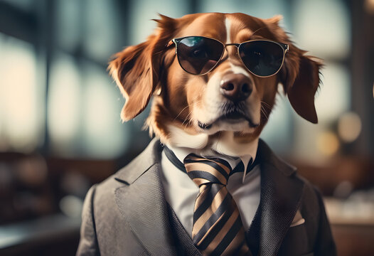 Stylish dog in sunglasses and suit with tie, concept for business, fashion, or humor.