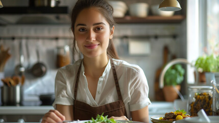 A young woman in a modern kitchen, carefully plating a dish with artistic flair, her attention to detail evident