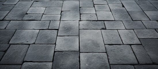 A black and white photo of a brick sidewalk featuring a pattern of rectangular bricks in various shades of grey. The bricks are laid out in a neat and uniform manner, creating a textured and linear
