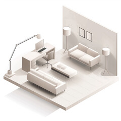 Minimal workplace isometric,white environment,desk,chair,sofa.