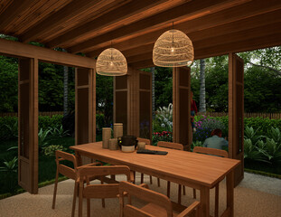 3d rendering of tropical house design. home garden Exterior design of spacious modern architecture
