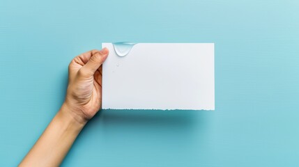 moment of anticipation, with a hand presenting a wet card against a contrasting backdrop, ready for the droplet to fall