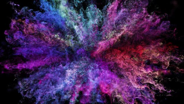 Cg animation of color powder explosion on black background. Cg, slow motion, alpha matte, 4k