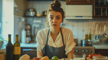 Fototapeta na wymiar Young woman in home cooking in a modern kitchen, with ingredients spread out on the counter